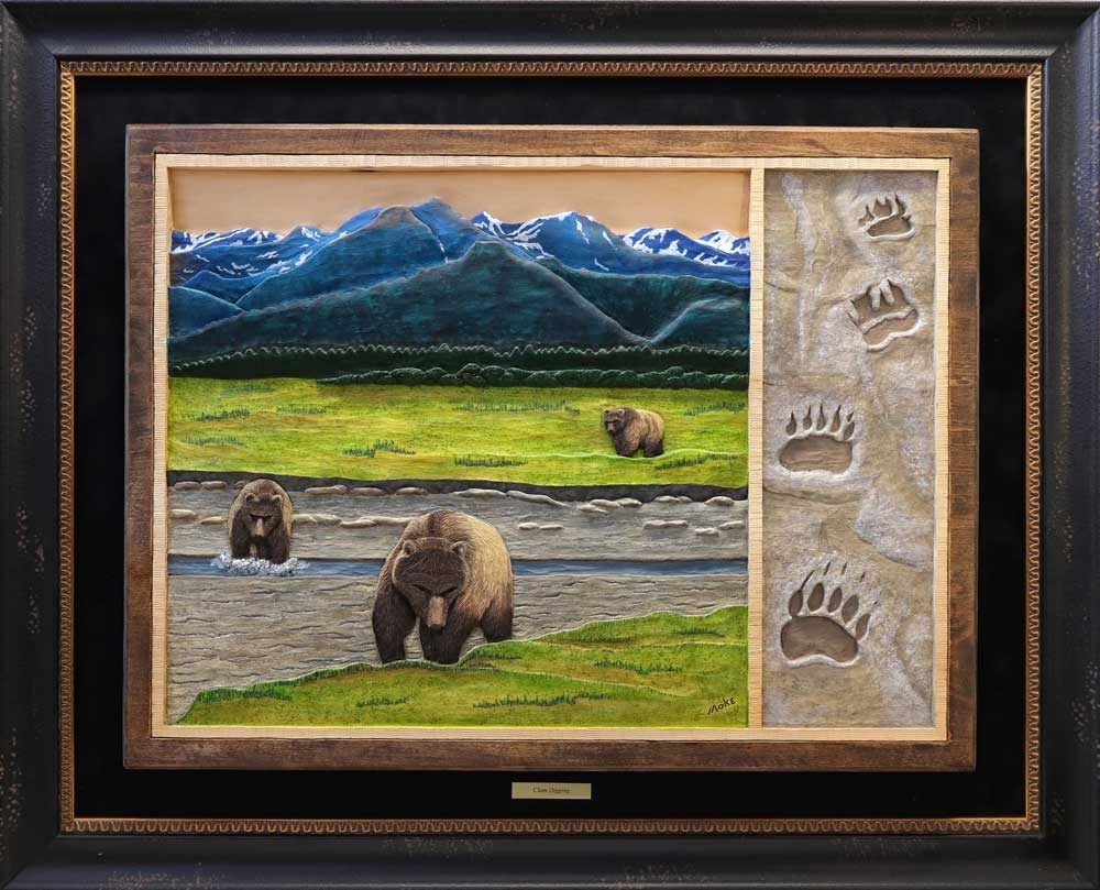 An image of three bears in front of a mountain range. On the side of the art piece are bear tracks