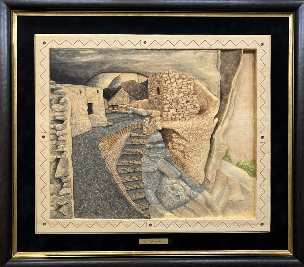 An artistic interpretation of cave dwellings at Gila Cliff Dwellings National Monument