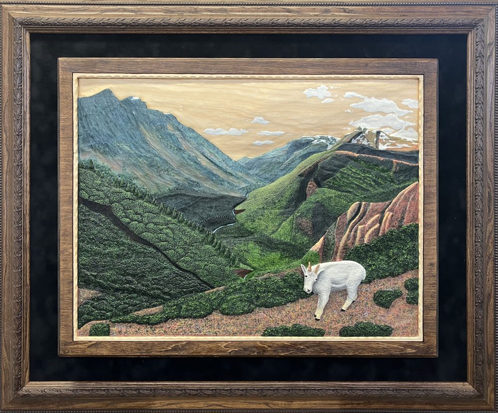 A white mountain goat is in the foreground of an artistic rendering of a Valley